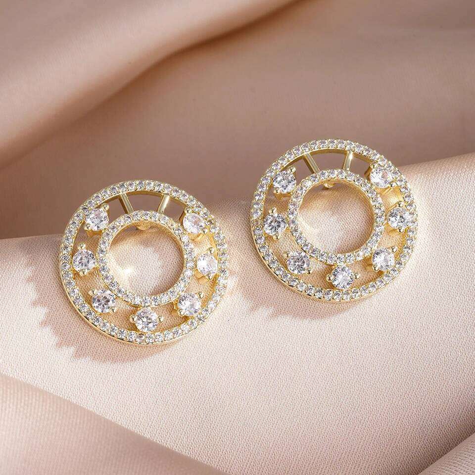 ZAKOL Simple Shiny Cubic Zirconia Hollow Circular Stud Earrings for Temperament Women Anniversary Jewelry Gift