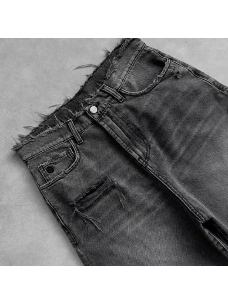 HOUZHOU Washed Ripped Short Jeans Women and Man Hole Embroidery Wide Leg American Retro Jorts Baggy Casual Streetwear Summer 251223