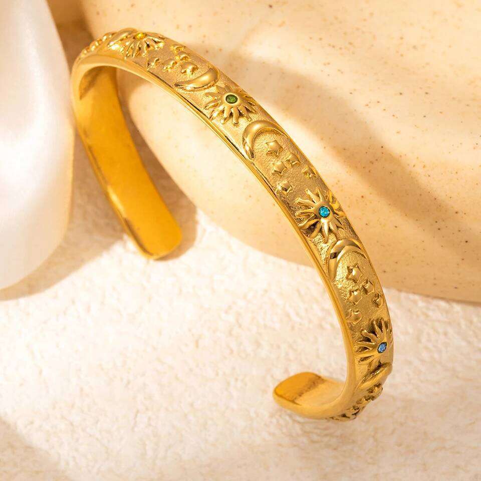 ZAKOL Stainless Steel Moon Star Sun Bangle Bracelet Gold Sliver Open Wrist Vintage Fashion Party Jewelry Gift for Women