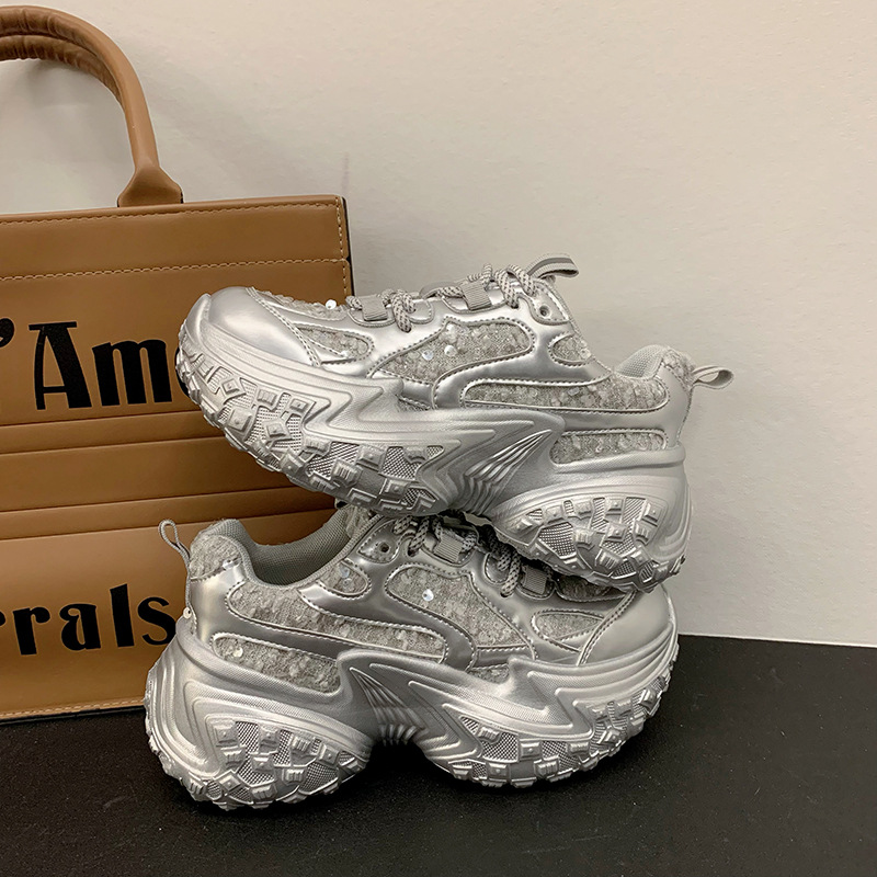 2026 Spring and Summer New Design Women Mesh Sequin Casual Shoes Tire Thick Sole Trendy Fashion Sports Shoes White Silver Black Free Shipping Size 35-