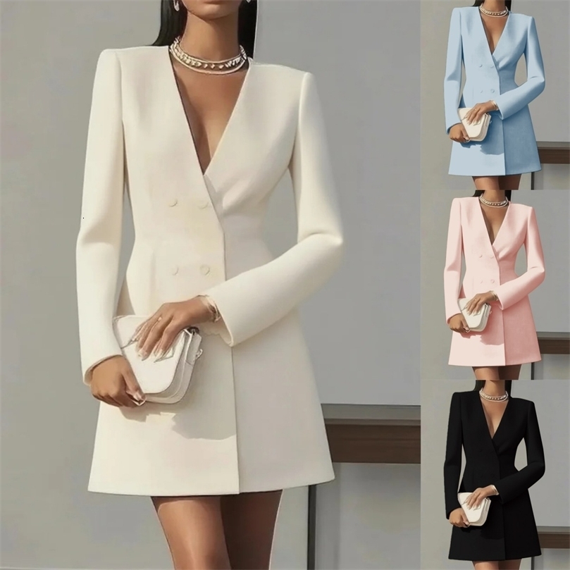 Autumn Double Breasted Solid Color VNeck Office Suit French Long Sleeved Elegant Slim Fit Blazer Dress for Woman 251219