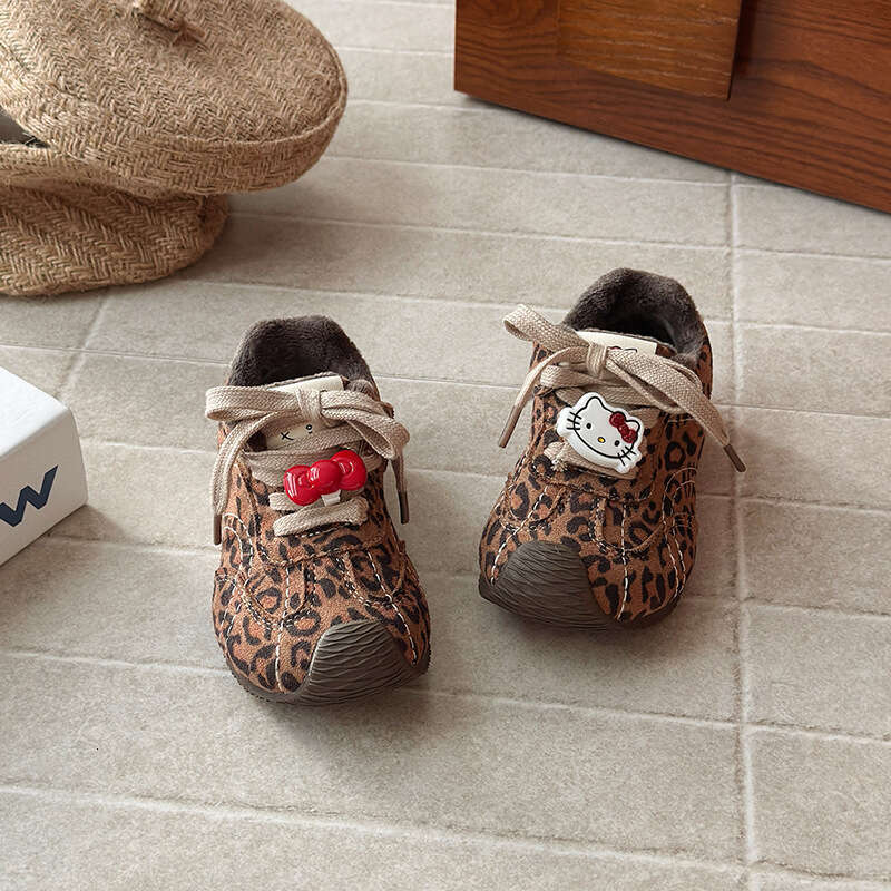 Kitty Dexun 2025 Winter New Korean Style Girls Leopard Print Fleece-Lined Sneakers Thick-Soled Warm Forrest Gump Shoes