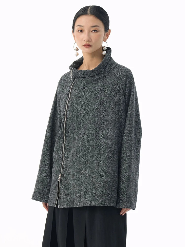 EAM Black Gray Zipper Casual Sweatshirt Turtleneck Long Sleeve Women Big Size Fashion Spring Autumn 1DJ5212 251219