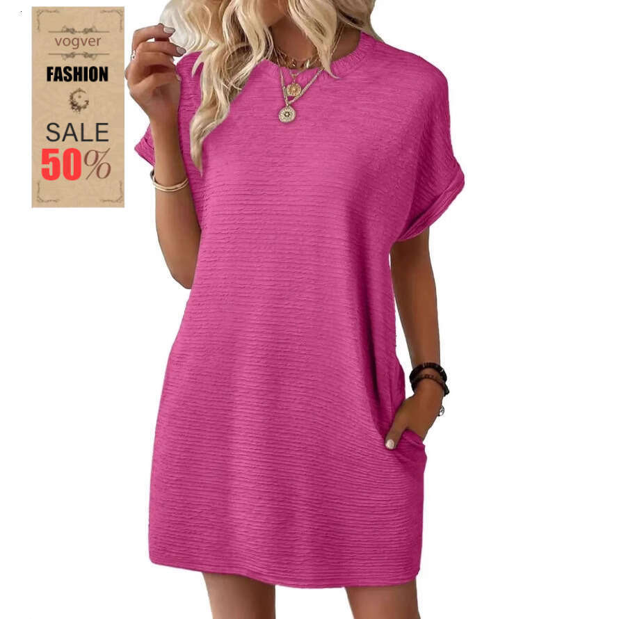 Dress for women European and American Loose Round Neck Pocket Dress, 2026 Summer New Solid Color Short Sleeve Beach Cover-Up