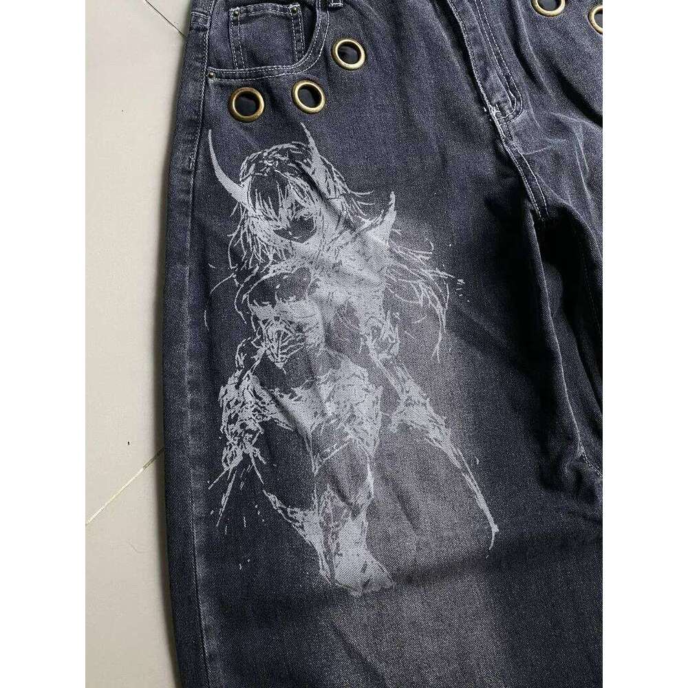 American New Fashion Oversized Pattern Printed Washed Jeans Men Y2K Gothic Rock Popular Casual Joker High Waist Wide Leg Pants