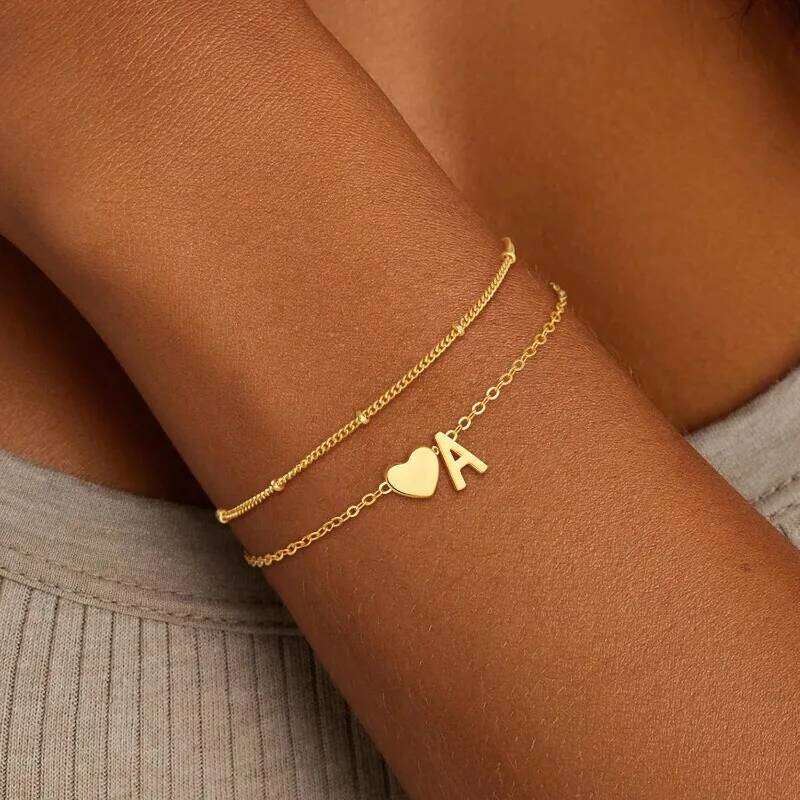 Bracelets for Women Girls Waterproof 18K Gold Plated Stainless Steel Heart Initial Bracelet Trendy Stuff Jewelry Gifts 25H1229