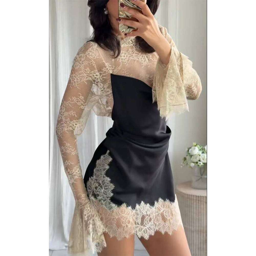 Sexy Lace Patchwork Mini Dress Lady Elegant Full Flared Sleeve Waist Cinching See Through Short Dresses Women Club Party Gowns