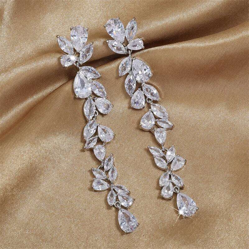 ZAKOL Luxury Leaf Cubic Zirconia Long Earrings For Women Elegant Shiny CZ Bridal Earring Party Wedding Jewelry