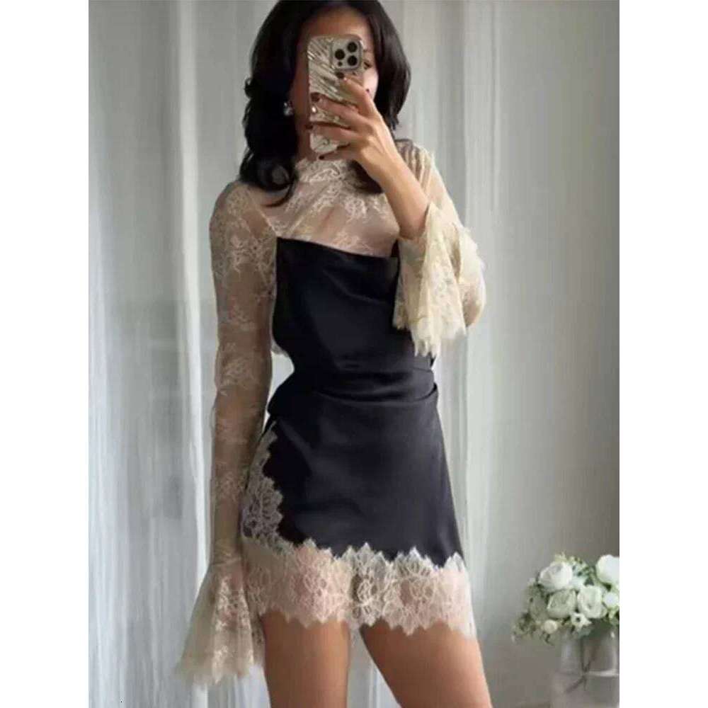 Sexy Lace Patchwork Mini Dress Lady Elegant Full Flared Sleeve Waist Cinching See Through Short Dresses Women Club Party Gowns