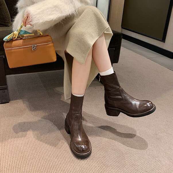 Winter New Huizhou Martin for Women Retro Heel Thick Sole Slim Washed Horse Leather Pattern Short Warm Women's Boots