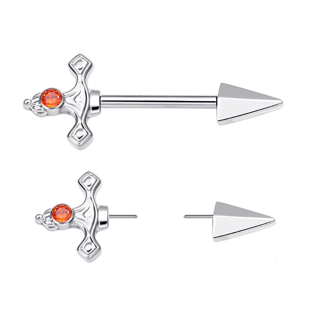Delicate Sword Shape 14G Threadless Push Pin Nipple Ring With Orange Zircon 36 Sexy Piercing Eternal Metal TCS30524 251224