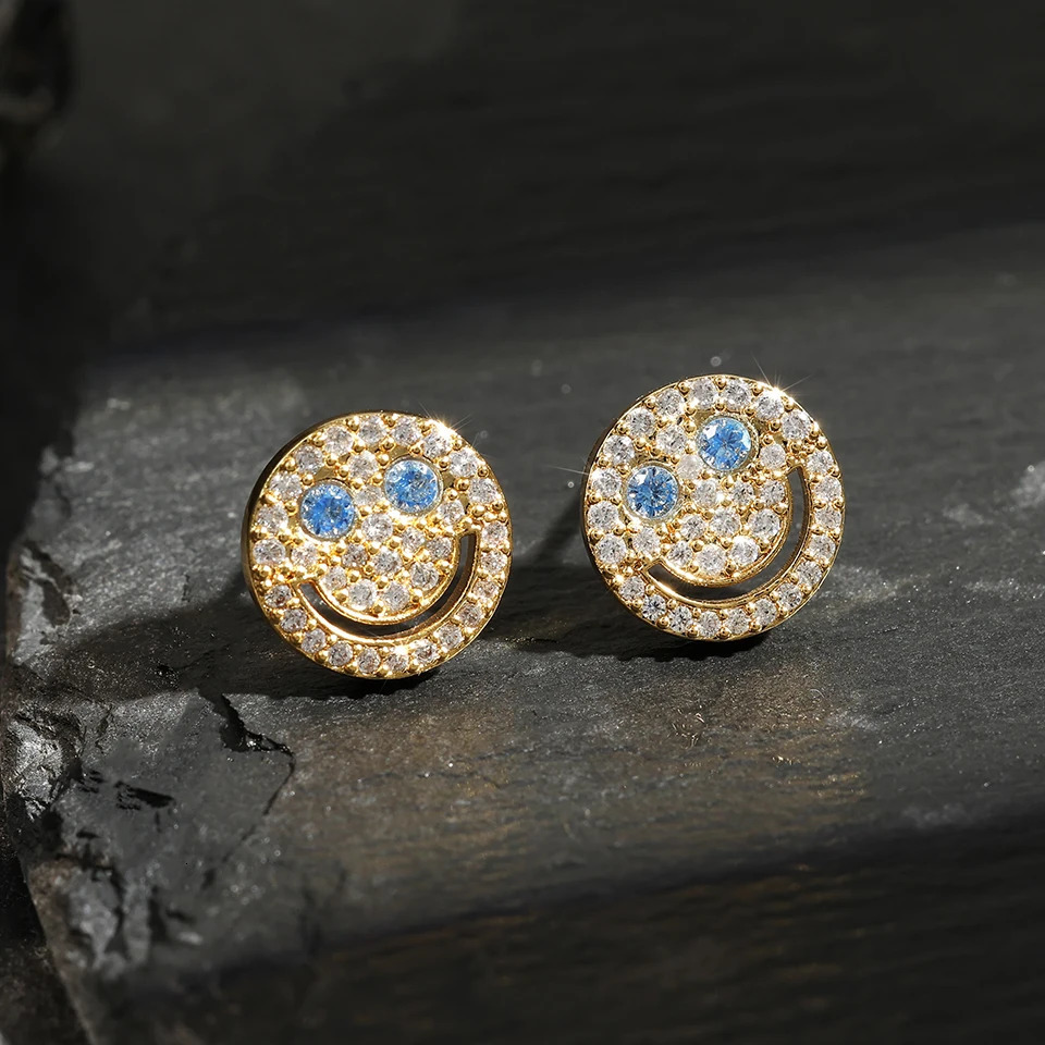 TrendMen Hiphop Rock Smiling Laugh Face Copper Zirconia Stud Earrings For Men Gold Color Metal Crystal Party Jewelry Ears Gifts 251224