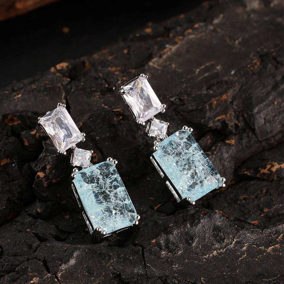 ZAKOL Elegant Blue Stone Dangle Earrings for Women Geometric Rectangle Zircon Wedding Party Ear Accessories