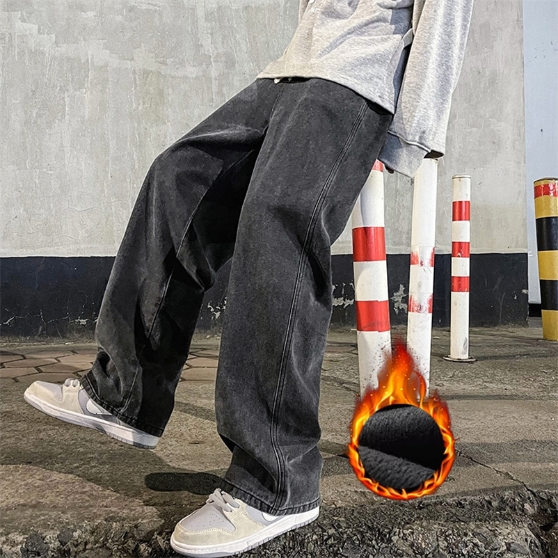 Mens Winter Fleece Loose Jeans Velvet Warm Elastic Waist Wide Leg Y2K Denim Pants Straight Comfortable Mens Clothing 251223