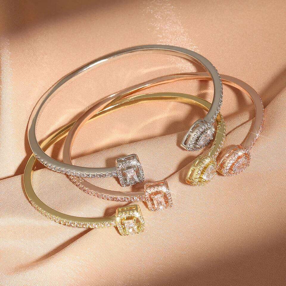 Luxury Geometry Gold Color Cuff Bangles For Women Fashion Cubic Zirconia Bracelets INS Party Everyday Jewlery.