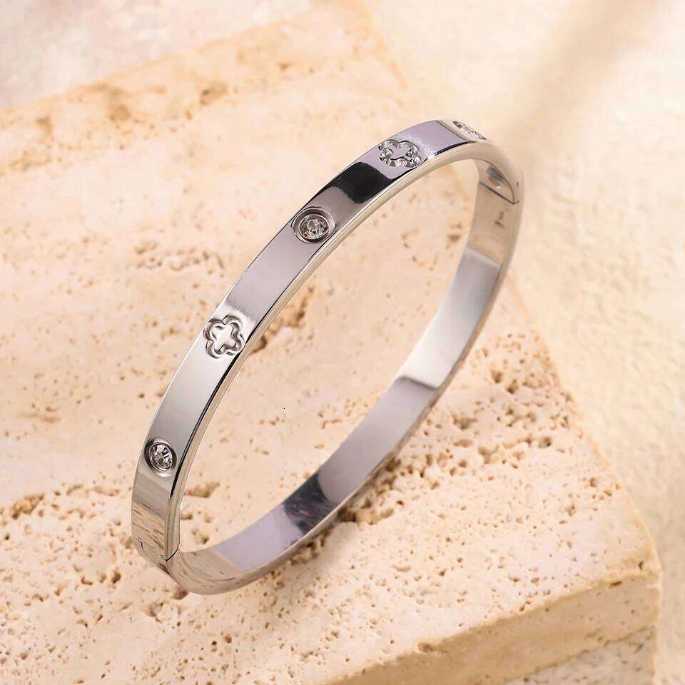ZAKOL Stainless Steel Zircon Inlaid Nail Bracelet Ring Set for Women Carved Small Flowers Bangles Waterproof Daily Jewelry