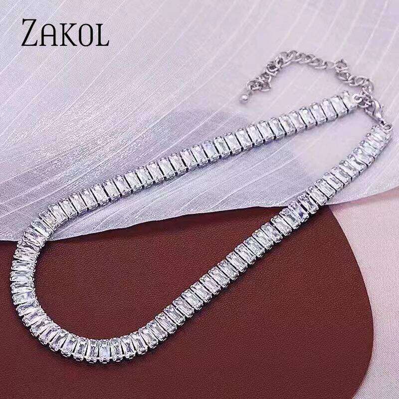 ZAKOL Korean Fashion Rectangle Zircon Choker Necklaces for Women Luxury Clear Geometric CZ Sexy Banquet Party Jewelry