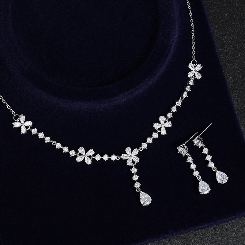 TaiYang 2025 New Floral Teardrop Zirconia Jewelry Set, Silver Plated Copper Bridal Earrings & Necklace, Wedding Engagement Jewelry Gift