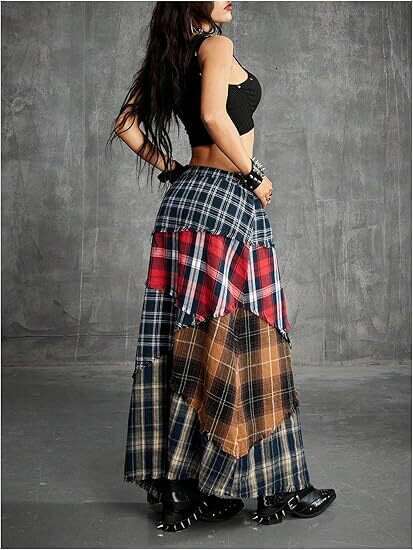 Women's A-Line Cake Waist Casual Midi Draped Flared Elastic Drawstring Patchwork Plaid Fringe Hem Punk Vintage for Casual Wear