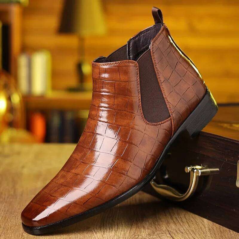 Big Size Stone Pattern Dress Shoes for Autumn Winter Soft-soled Men Leather NewPlatform Chelsea Boots Male LEENO LENS