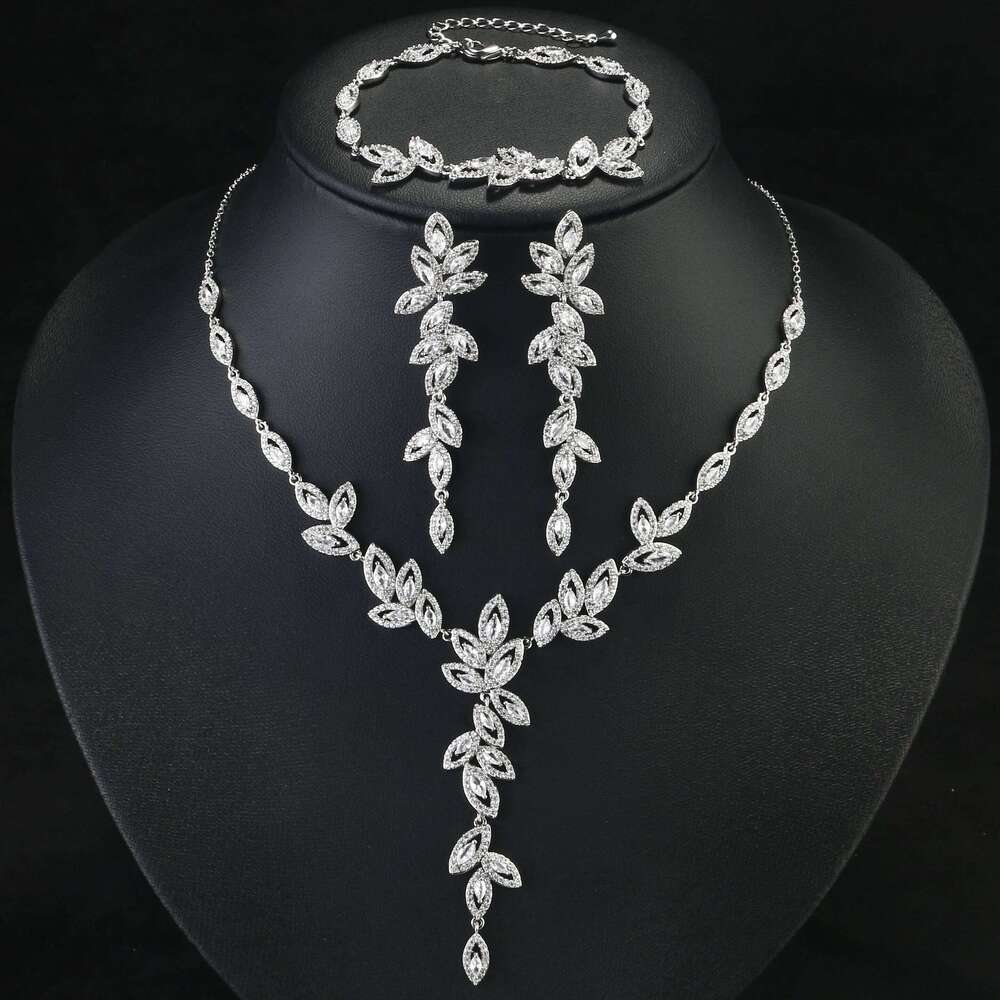 ZAKOL 3 Pcs Luxury Shiny Full Zircon Set for Women Exquisite Gorgeous Earrng/Necklace/Bracelet Versatile Wedding Jewelry