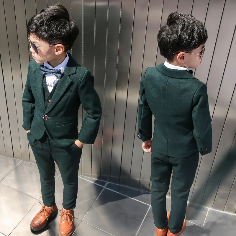 Boys Dark Green Formal Wedding Party Suit Children Blazer Vest Pants Tie 4 PCS Tuxedo Kids Performance Pography Dress Costume 251218