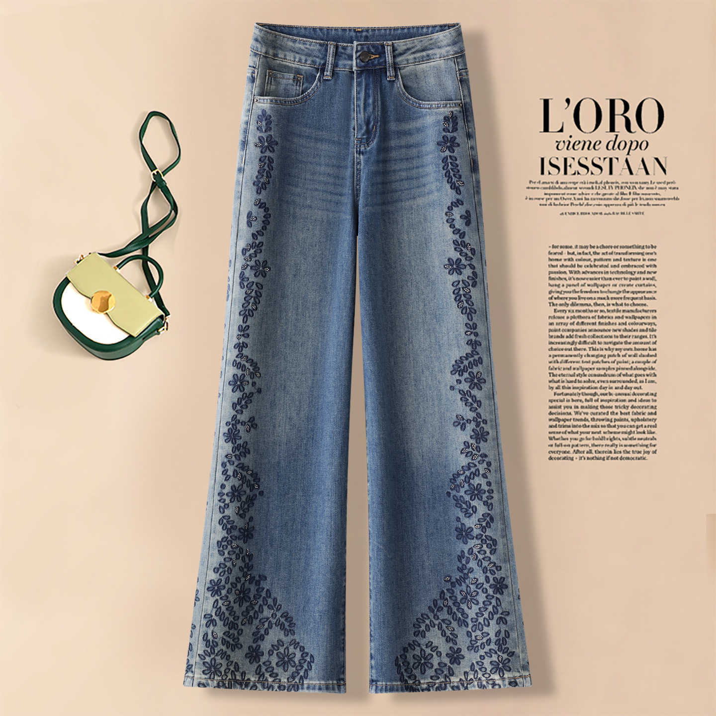 Autumn New Heavy Work Pressed Diamond High-end Sense Waist Jeans for Women Design Sense High Waist Wide Leg Pants Long L251229