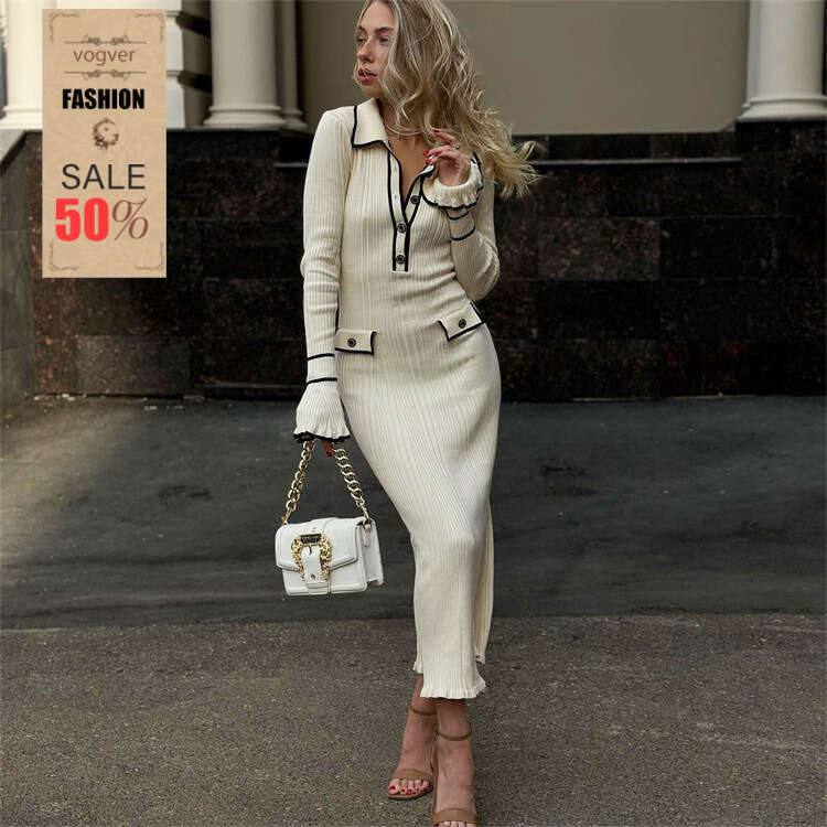 Dress for women French Style Light Luxury Ruffled Knitted 2026 New Autumn Winter Sweater Turn-Down Collar Slim Mid-Length Dress, Office Casual Wear