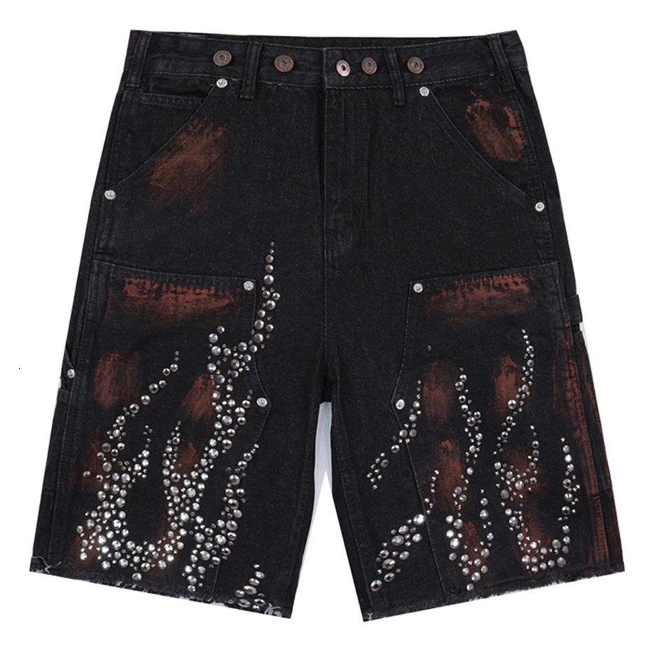 Fire Diamond Denim Shorts Vintage Rhinestone Graphic Short Jeans Men Streetwear Harajuku Hip Hop Shorts 251223