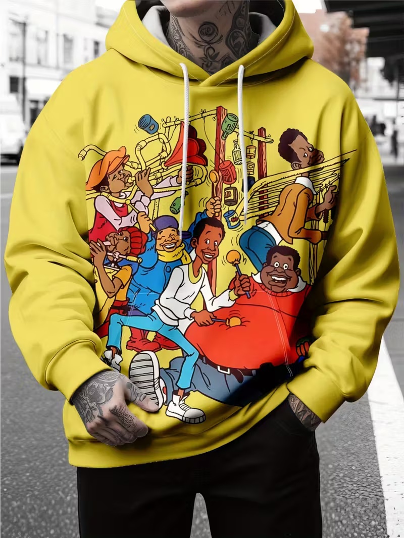 New Men's Hooded Sweatshirt Yellow Fun Cartoon Character Print Trendy Relaxed-Fit Casual Pullover Hoodie