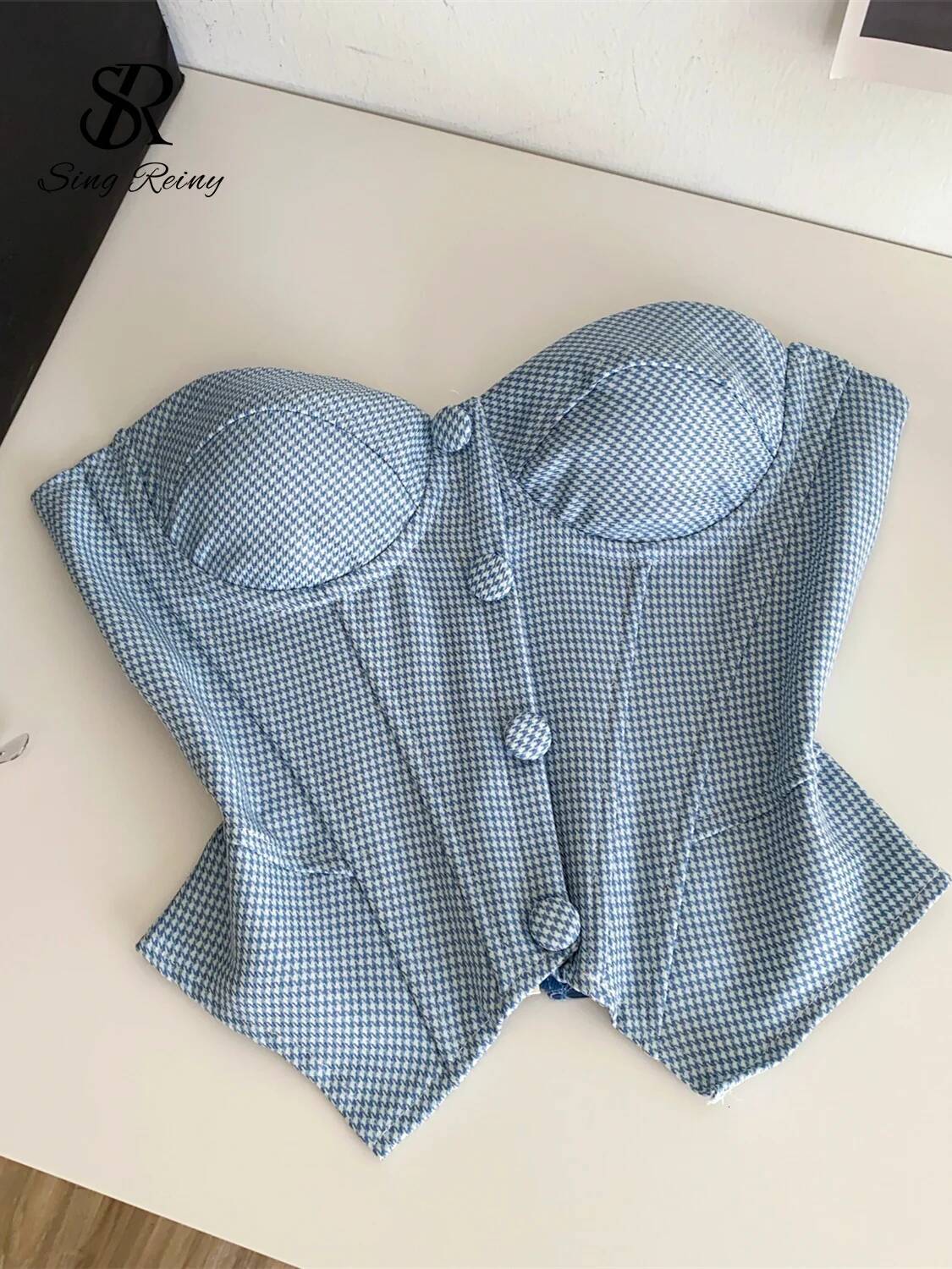 SINGREINY Houndstooth Sensual Tank Women Strapless Button Design Corset Slim Club Camis 2025 Fashion Basics Plaid Mini Top