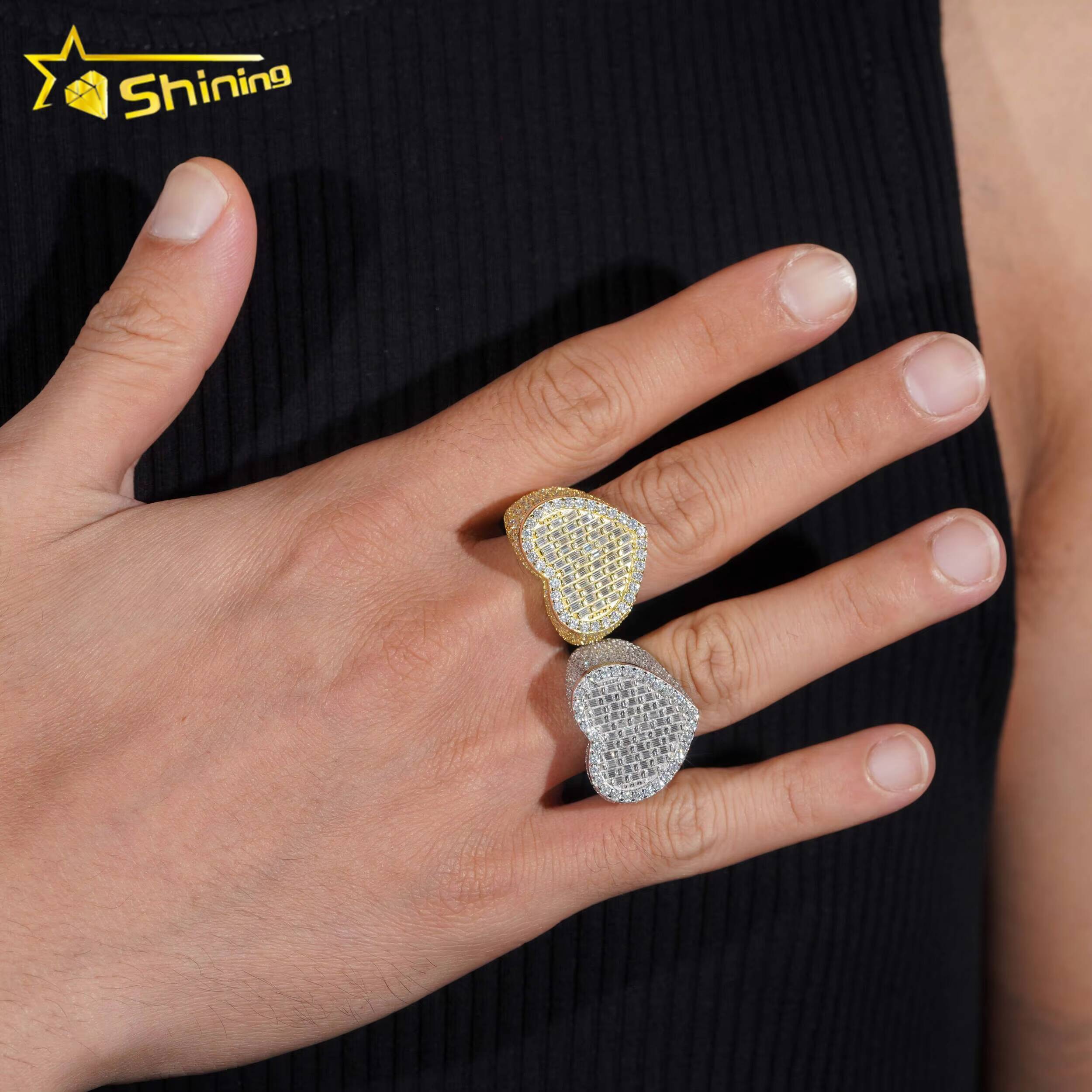 Hip Hop Jewelry Luxury Baguette Diamond Heart Iced Out Moissanite 925 Sterling Silver Ring for Men