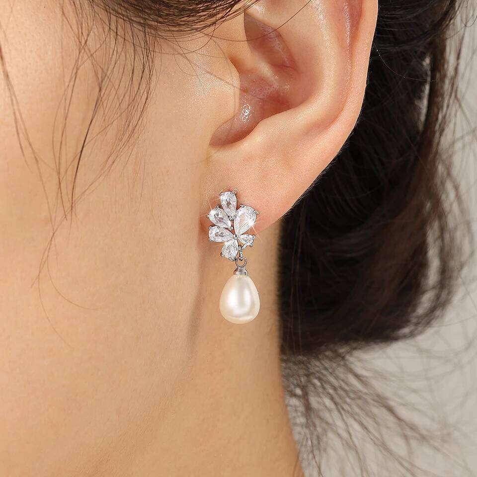 ZAKOL Delicate Chunky Teardrop Imitation Pearl Zircon Drop Earrings for Women White Gold Color Sparkling Crystal Bridal Earring
