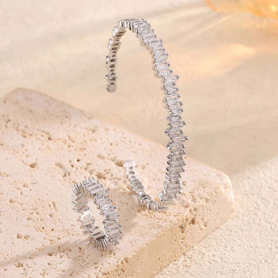 ZAKOL Classic Colorful Baguette Zircon Bangle Rings for Women Shiny Crystal Engagement Wedding Jewelry Christmas Gift