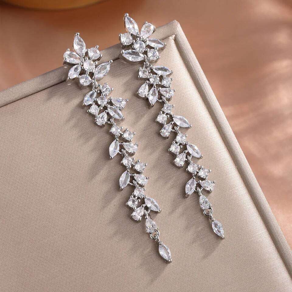 ZAKOL AAA Cubic Zirconia Leaf Long Dangle Earrings for Women Elegant Bridal Wedding Engagement Ear Accessories