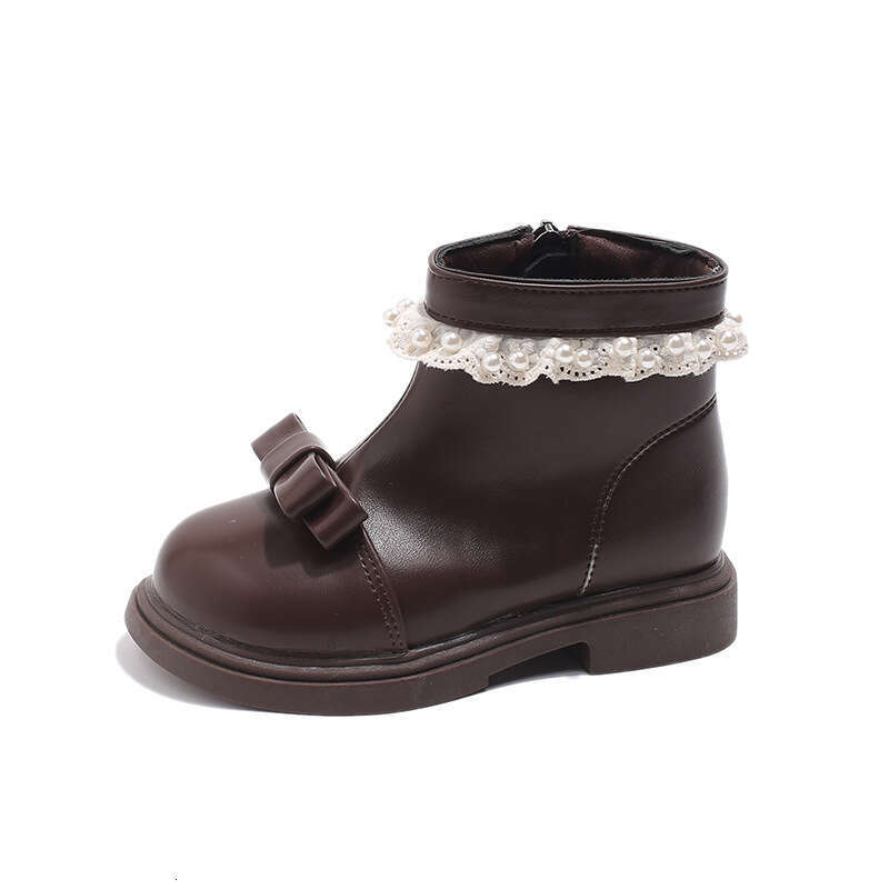 Ins British Style Martin 2025 Autumn Winter New Korean Version Girls' Bowknot Pearl Lace Fleece-Lined Short Boots