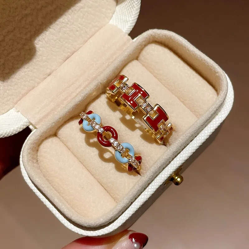 Designer Jewellery High Quality Gold Tone Linked Ring with Red Enamel Pave Crystal Accents Minimalist Chic Gift for Versatile Wear Artisan Crafted Det