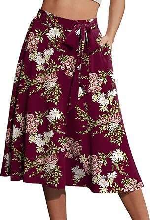 Women's A-Line Cake Waist Casual Midi Draped Elastic Flared Drawstring Fringe Hem Punk Vintage for Casual Wear Printed Pocket