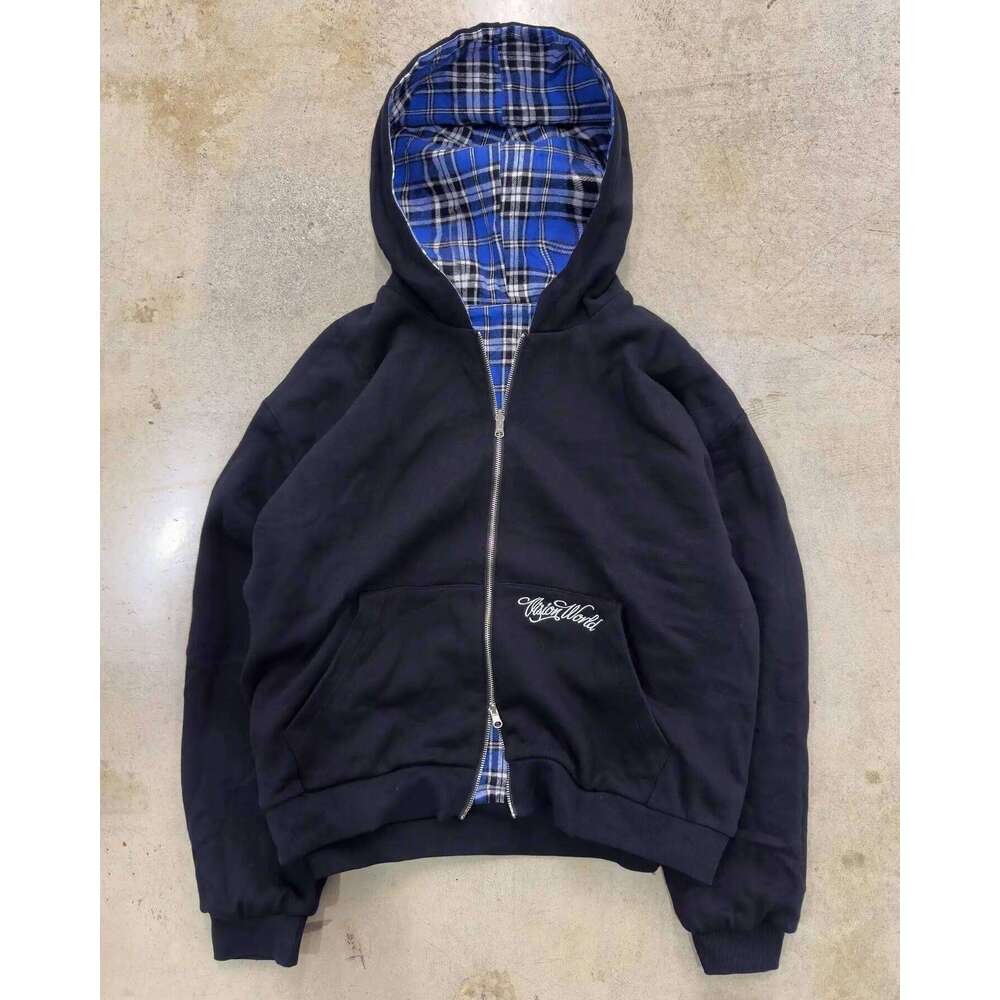 2026 New Double-Sided Blue Plaid Hoodie Men Women Embroidered Loose Zipper Hooded Jacket Y2K Streetwear Casual Couple Sweatshirt