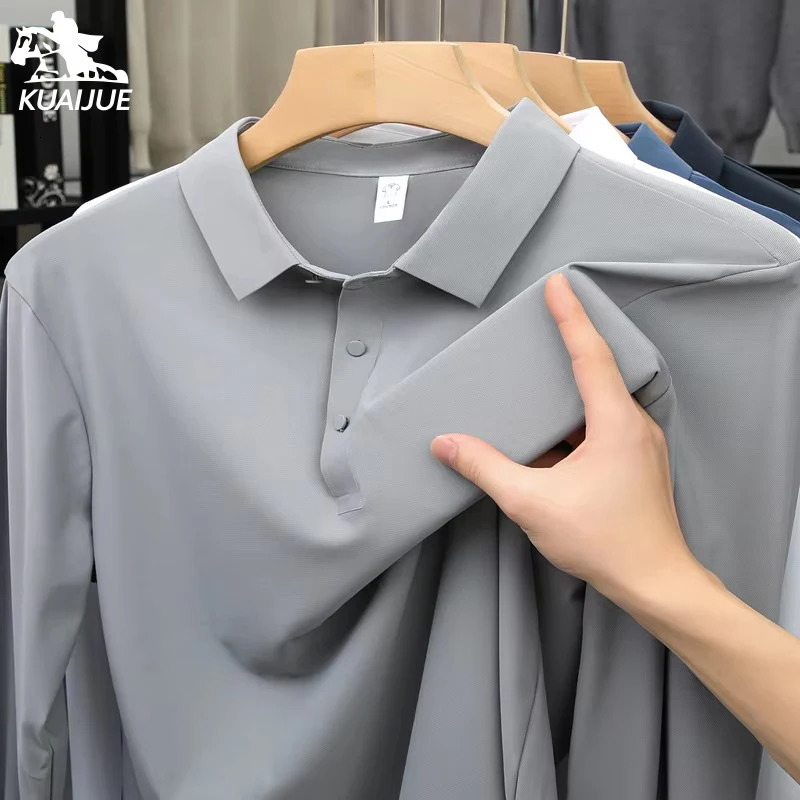 Mens high quality summer lapel mens short long sleeve polo shirt Embroidery solid color business casual mens polo shirt 251224