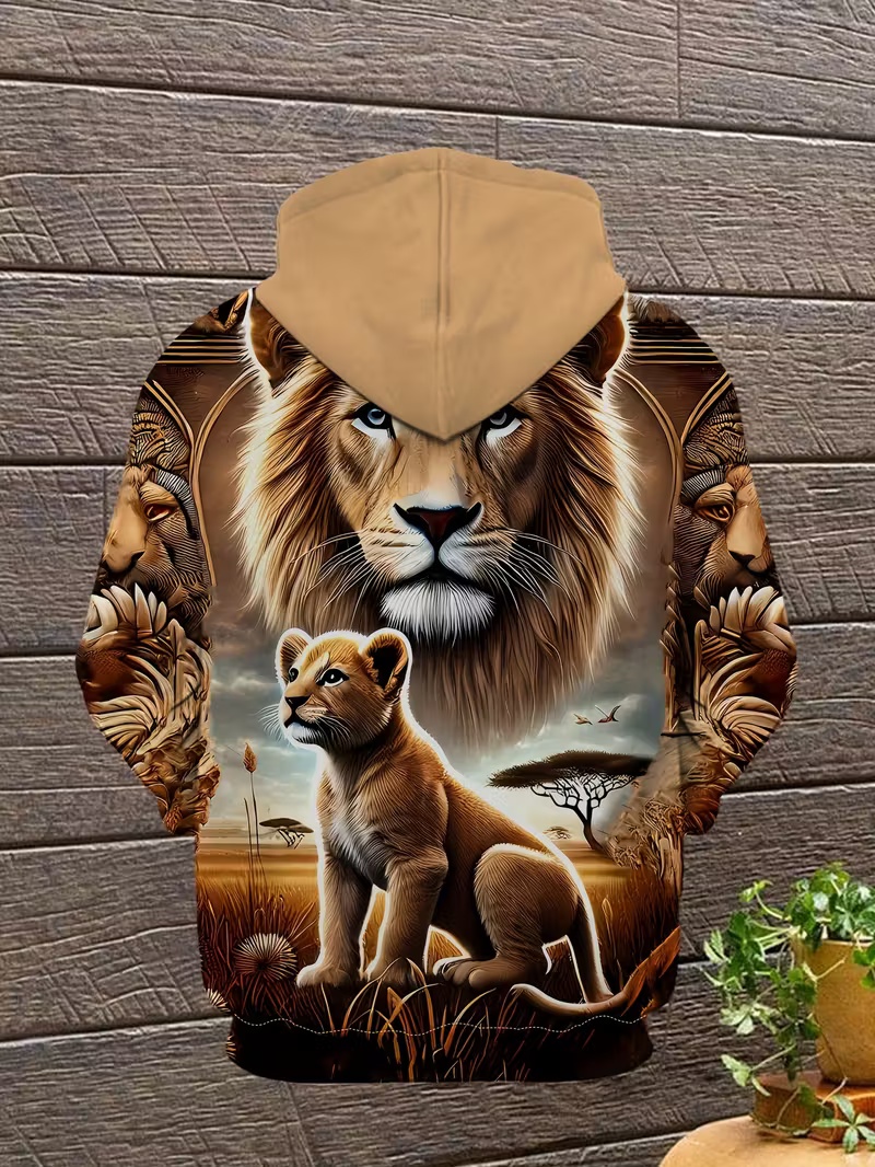 Retro African-inspired Men's Hoodie Lion Cubs on the Savannah All-Over Print 3D Print Relaxed Fit Casual Wild Style Pullover Hoodie