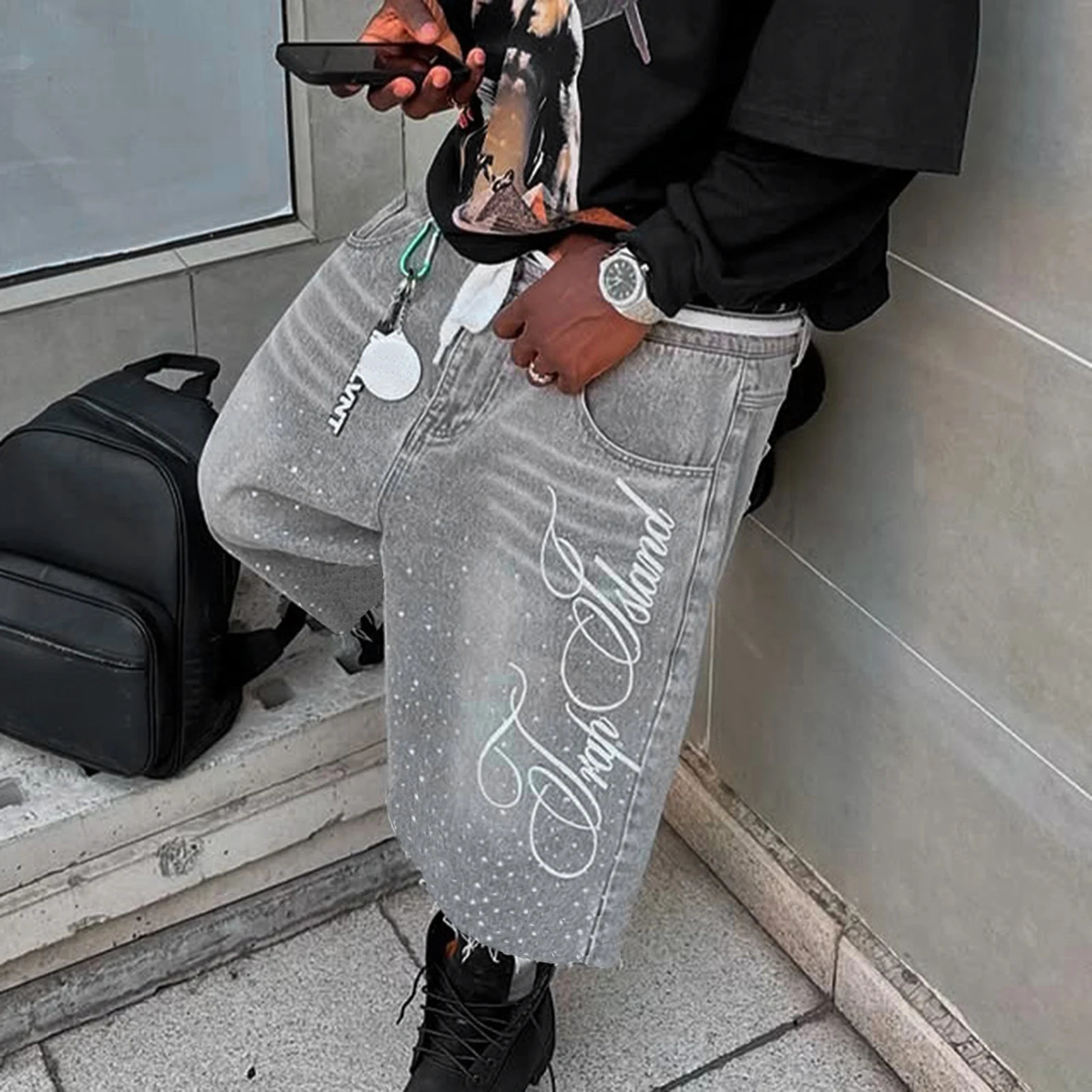 Fashion Men Summer Casual Denim Shorts Knee Length Trendy Letter Embroidered Shiny Rhinestone Decor Jeans Shorts with Pockets 251223