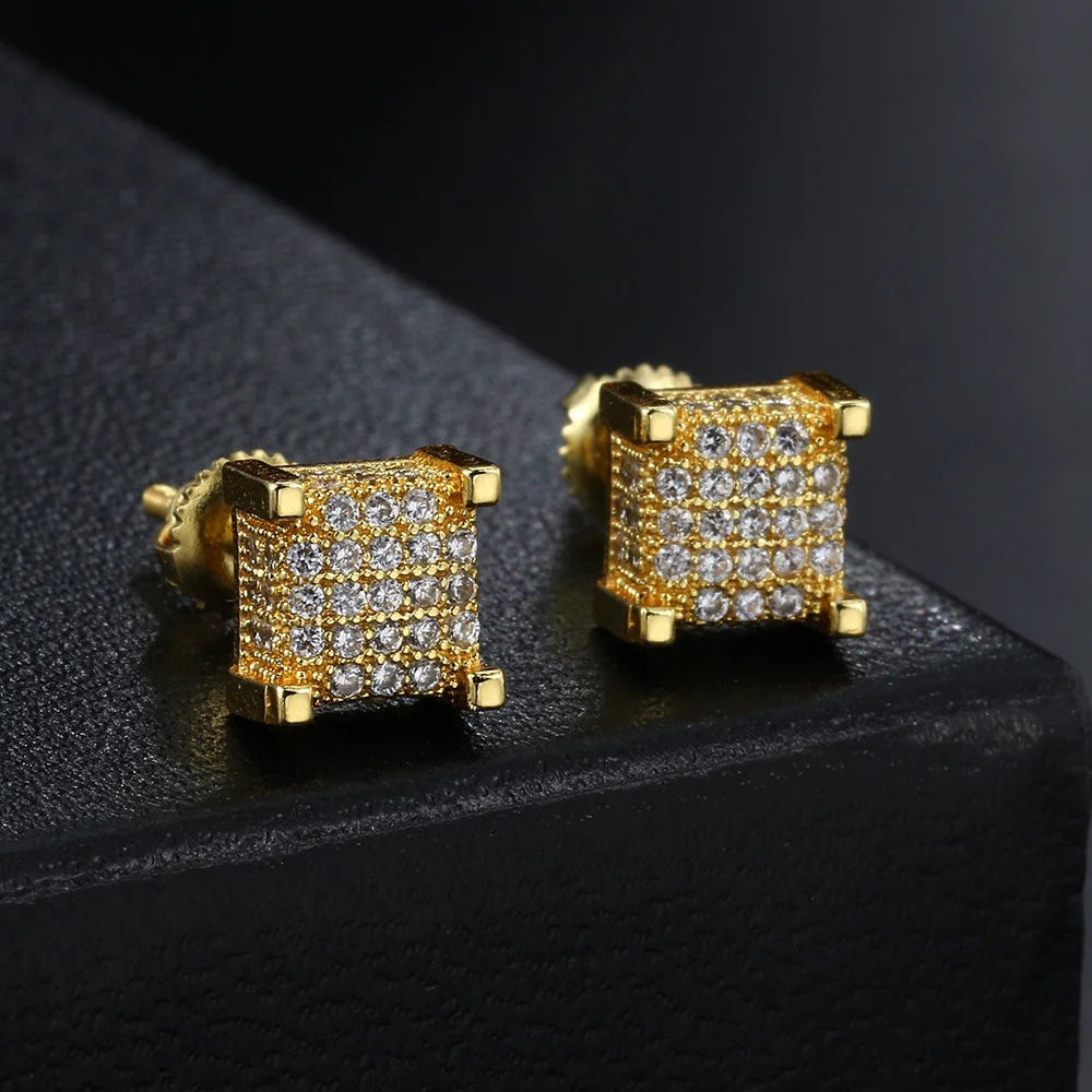 HipHop Male Small Screw Back Earring Full White Zircon Square Stud Earrings For Men Women Punk Gold Silver Color Party Jewelry 251224