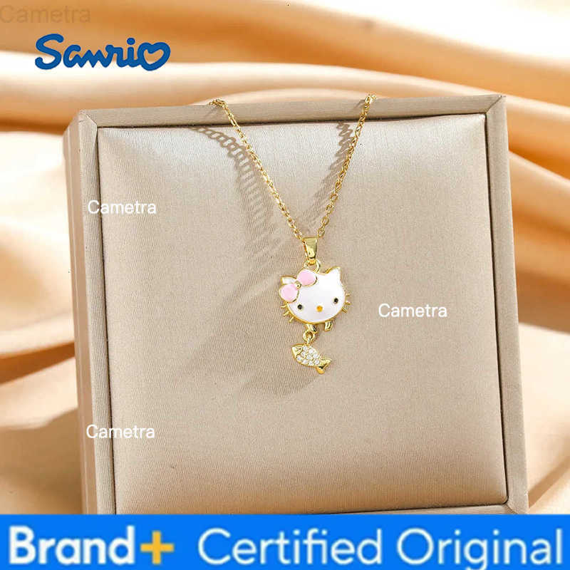 Sanrio Cartoon Cute Hello Kitty Zircon Fish Pendant Necklace for Women Girls Lovely Stainless Steel Chain Kitty Jewelry Gifts H251229