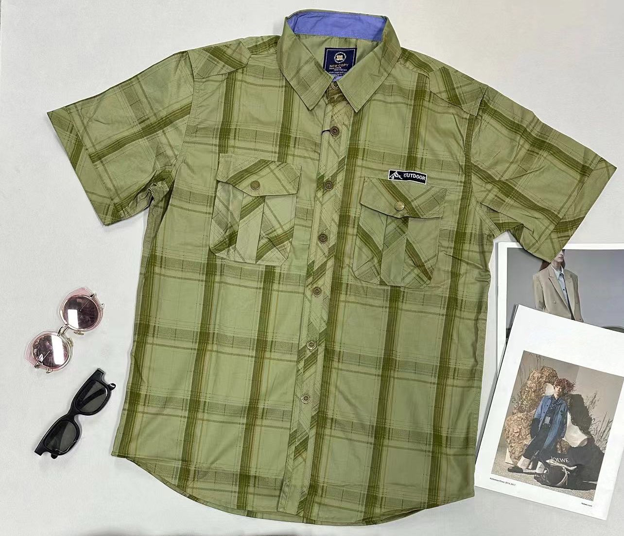 Men's Plaid Short-Sleeve Shirt - 100% Cotton, Multi-Color Options, Button-Front Design with Chest Pockets, Casual Outdoor Style for Daily Wear - 