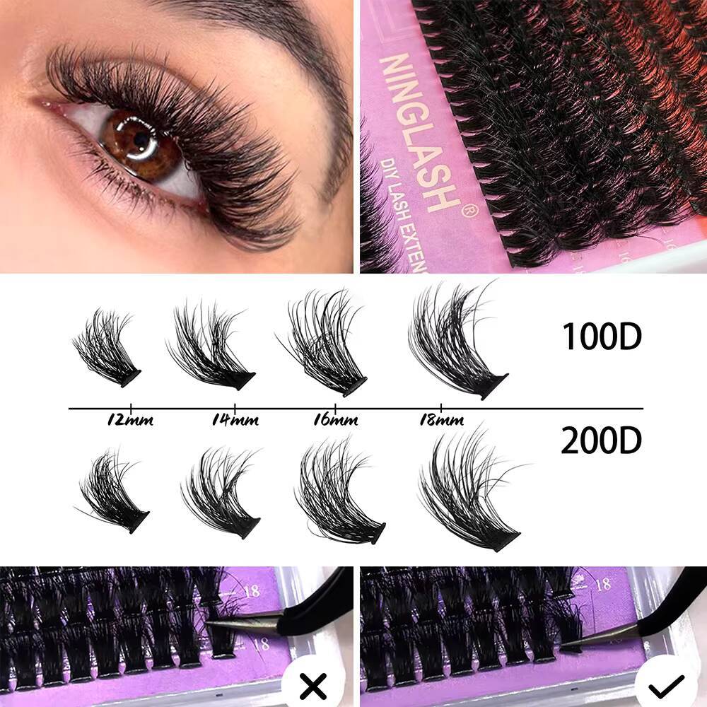 2024 200D Fluffy Lash Cluster Kit Thick Eyelash Individual Lash Extension Kit Volume 80D Fluffy Clusters Eyelashes Kit