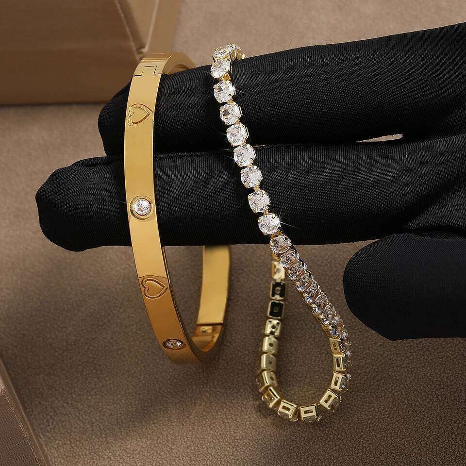 ZAKOL 2 Pcs Stacked Bangle Fashion Sparkling Zircon Tennis Bracelets Luxury Design Versatile Jewelry Gift for Women