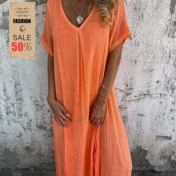 Dress for women Comfortable Soft Casual Home Dress, Cotton Linen V-Neck Relaxed Loungewear