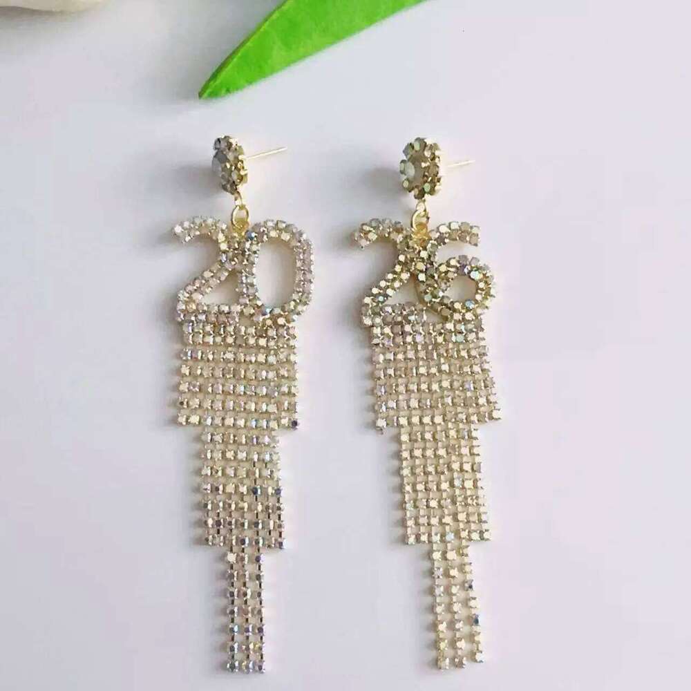 Full Rhinestone Crystal Flower Number 2026 Long Tassel Asymmetric Drop Dangle Earrings Near Year Party Gift For Women Christmas