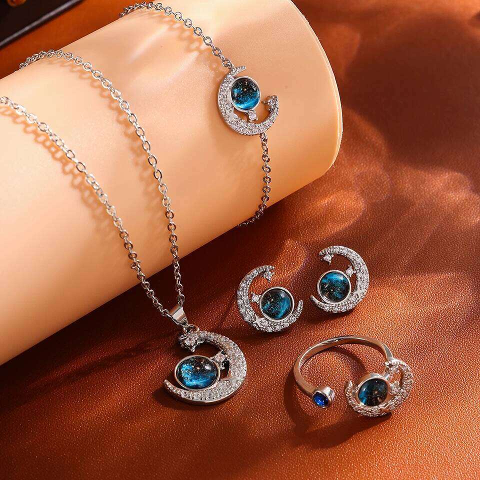 ZAKOL 5pcs Blue Space Planet Moon Zircon Jewelry Set Sliver Gold Color Stainless Steel Bracelet Necklace Ring Earrings Gift
